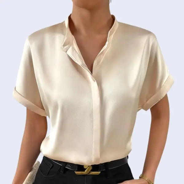 Chemise courte col officier boutons cachés en satin champagne