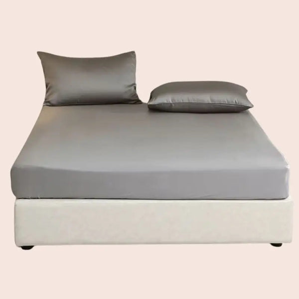 Lit avec drap-housse uni en soie de mûrier couleur gris