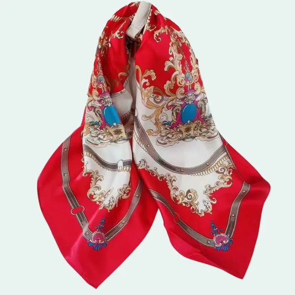 Foulard carré pure soie motif baroque rouge