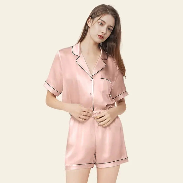 Pyjama 2 pièces manches courtes en soie de mûrier naturelle rose