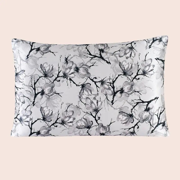 Taie d’oreiller en soie fleurs aquarelle noir et gris