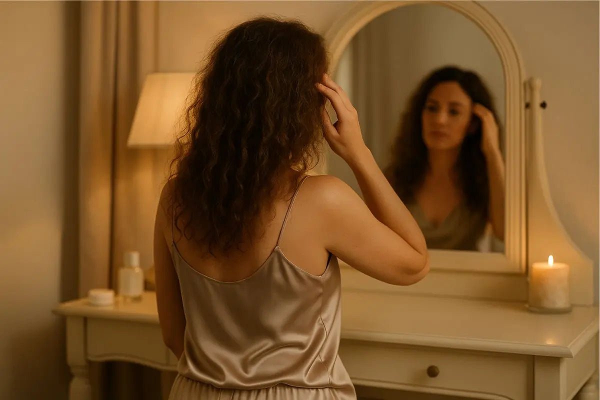 Mannequin se touchant les cheveux devant sa coiffeuse