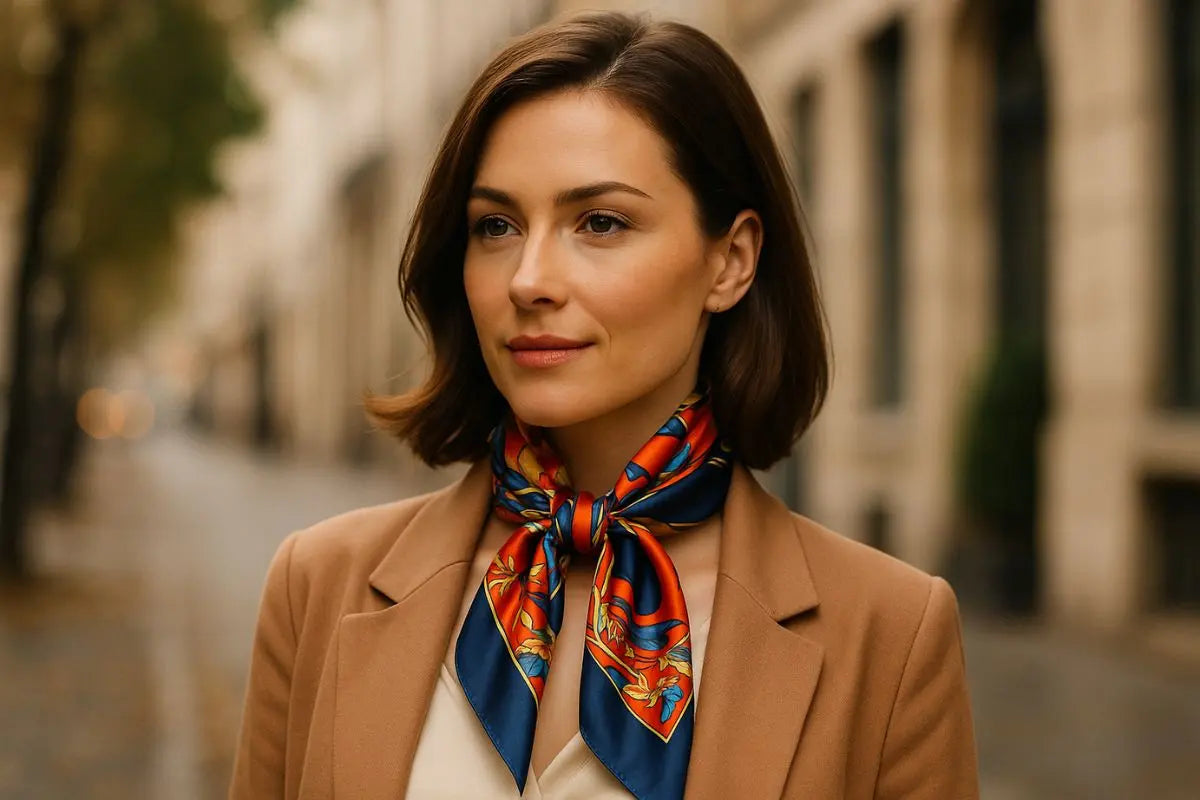Femme brune en veste beige portant autour du coup un foulard en soie à motifs bleu marine et rouge