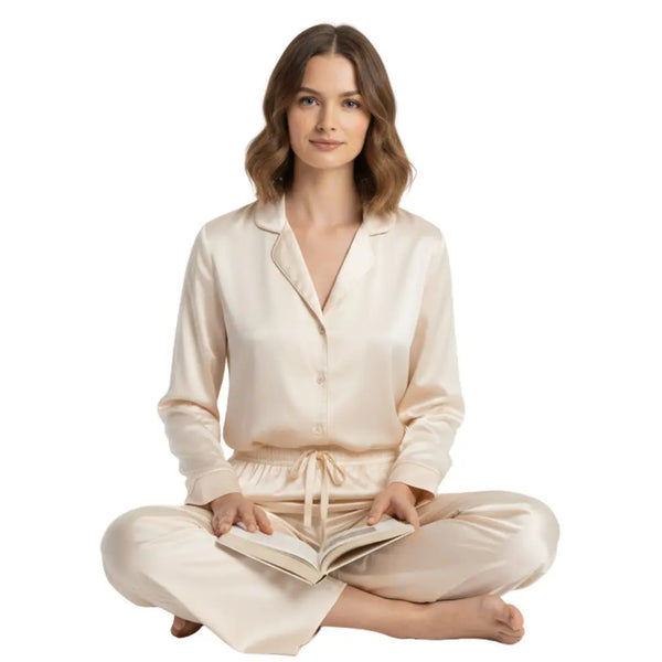 Mannequin assis en tailleur portant un pyjama long en soie couleur champagne