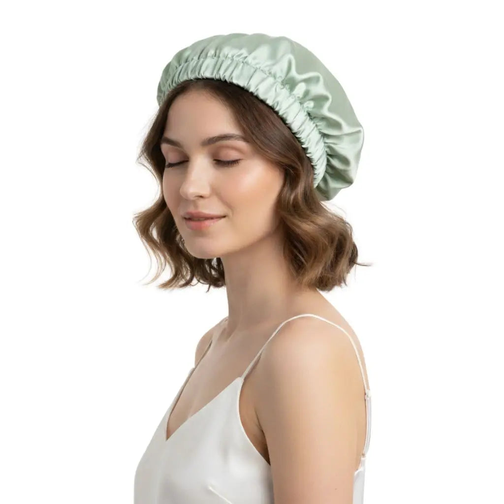 Mannequin de profil yeux fermés portant un bonnet de nuit en soie vert pastel