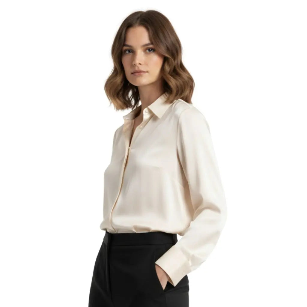 Mannequin légèrement tournée qui porte une chemise en soie crème et un pantalon noir