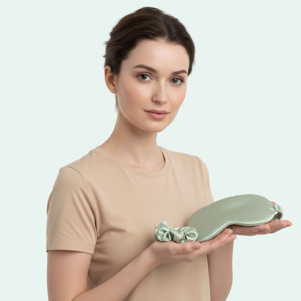 Mannequin tenant un masque de nuit et un chouchou en soie