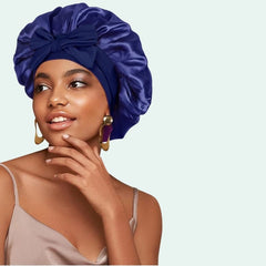 Bonnet de nuit brillant extensible en satin bleu marine