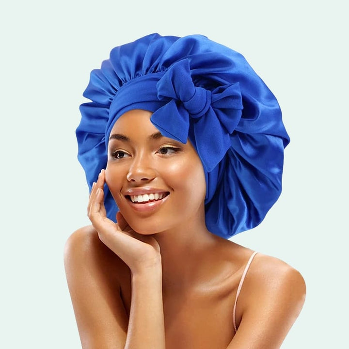 Bonnet de nuit brillant extensible en satin bleu roi