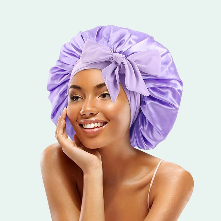 Bonnet de nuit brillant extensible en satin lavande