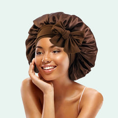 Bonnet de nuit brillant extensible en satin marron
