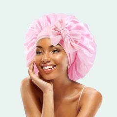 Bonnet de nuit brillant extensible en satin rose