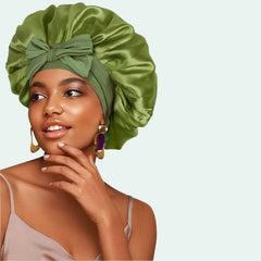 Bonnet de nuit brillant extensible en satin vert olive