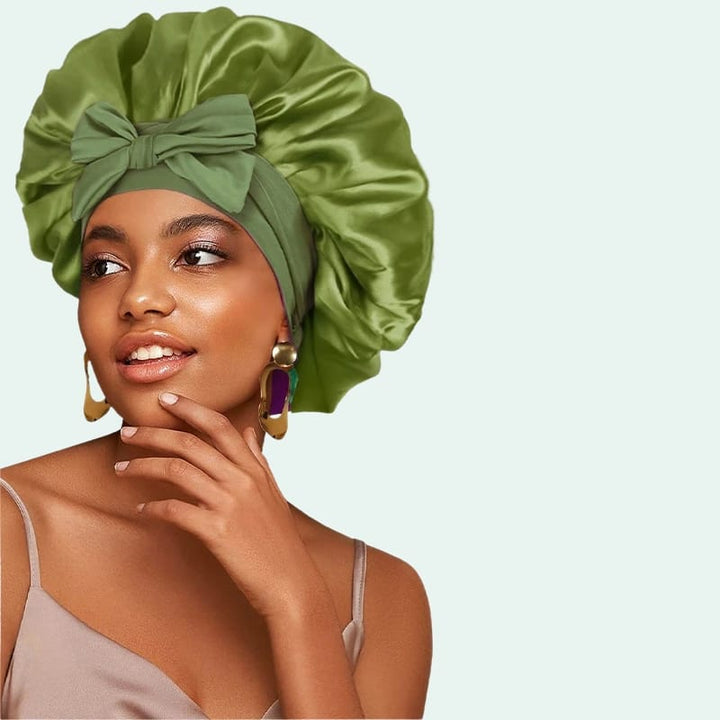Bonnet de nuit brillant extensible en satin vert olive