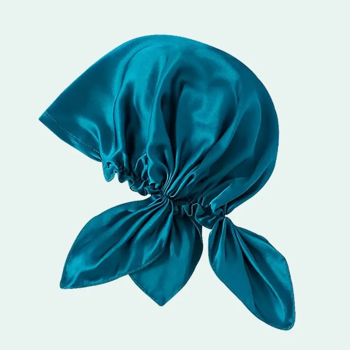 Bonnet de nuit triangle réglable en soie de mûrier bleu pétrole