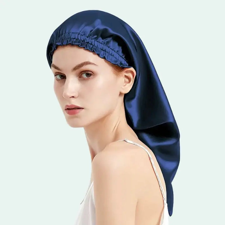 Bonnet de nuit uni cheveux longs en soie de mûrier bleu marine