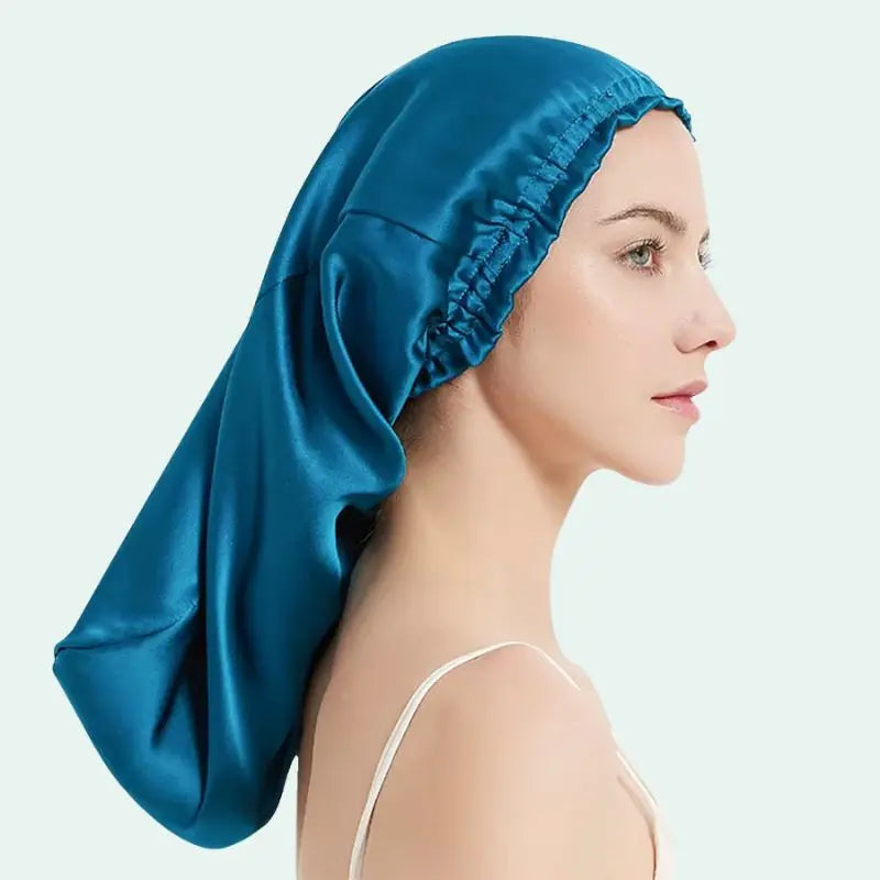Bonnet de nuit uni cheveux longs en soie de mûrier bleu pétrole