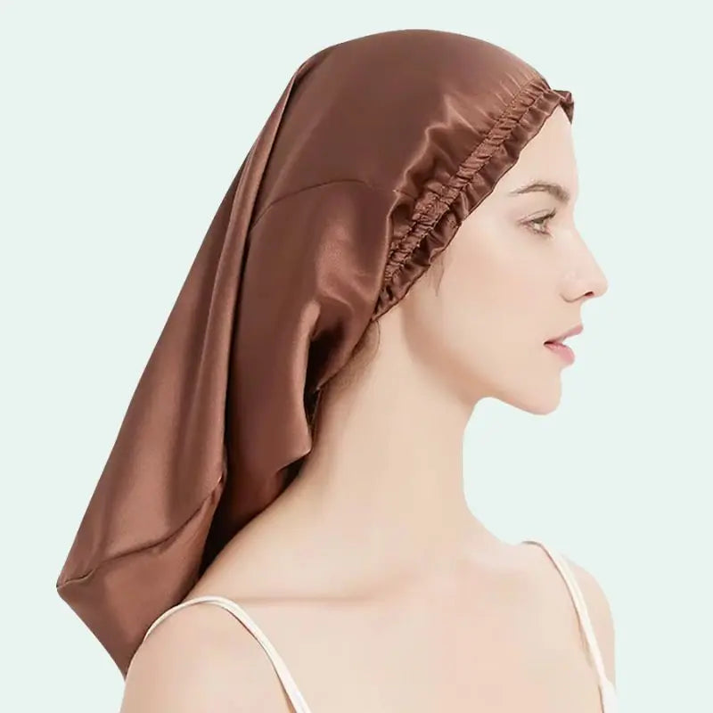 Bonnet de nuit uni cheveux longs en soie de mûrier café