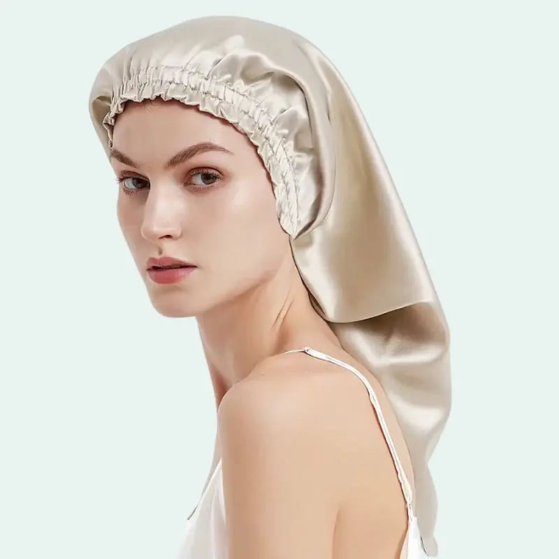 Bonnet de nuit uni cheveux longs en soie de mûrier champagne