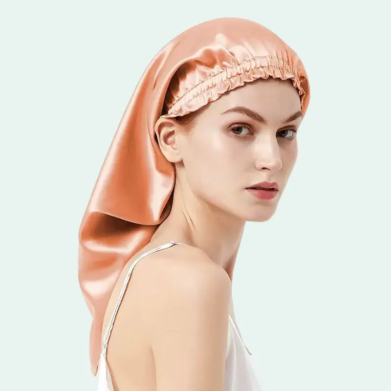 Bonnet de nuit uni cheveux longs en soie de mûrier corail
