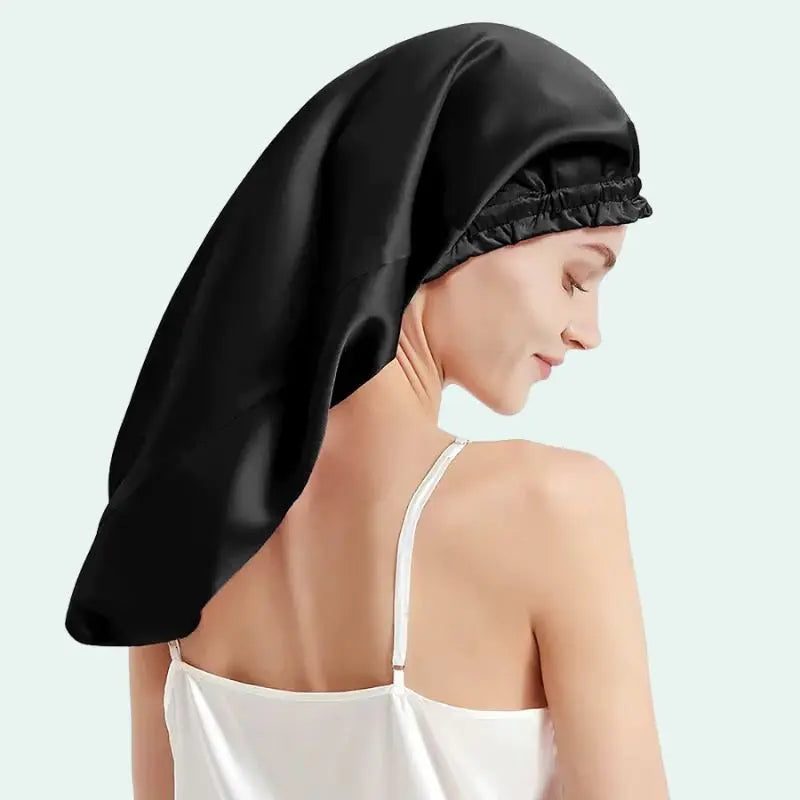 Bonnet de nuit uni cheveux longs en soie de mûrier noir