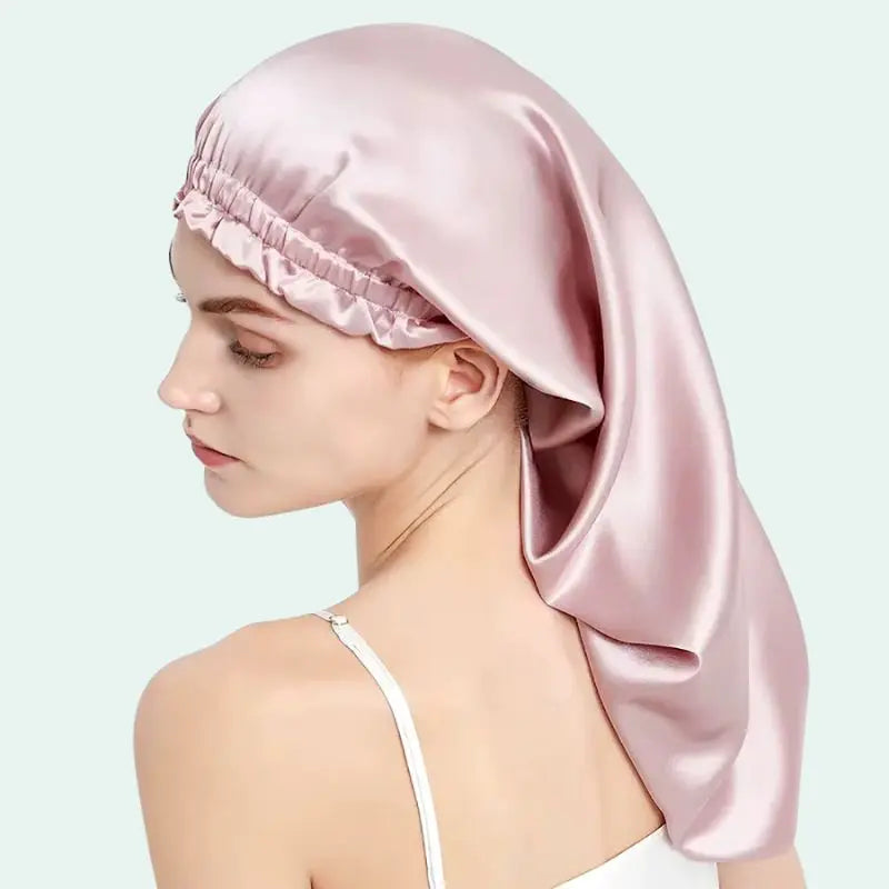 Bonnet de nuit uni cheveux longs en soie de mûrier rose
