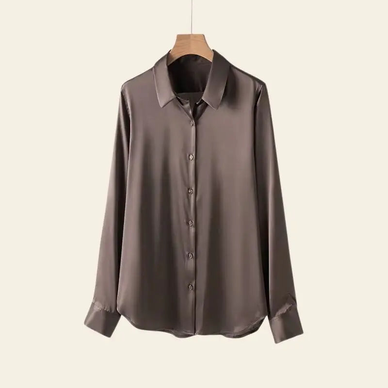 Chemise ample unie en soie et élasthanne café