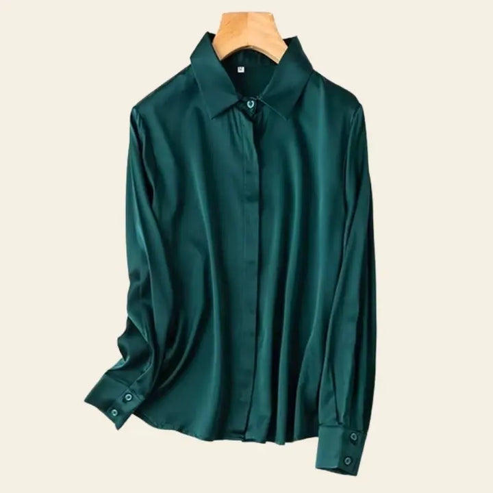 Chemise brillante stretch en soie véritable couleur bleu canard