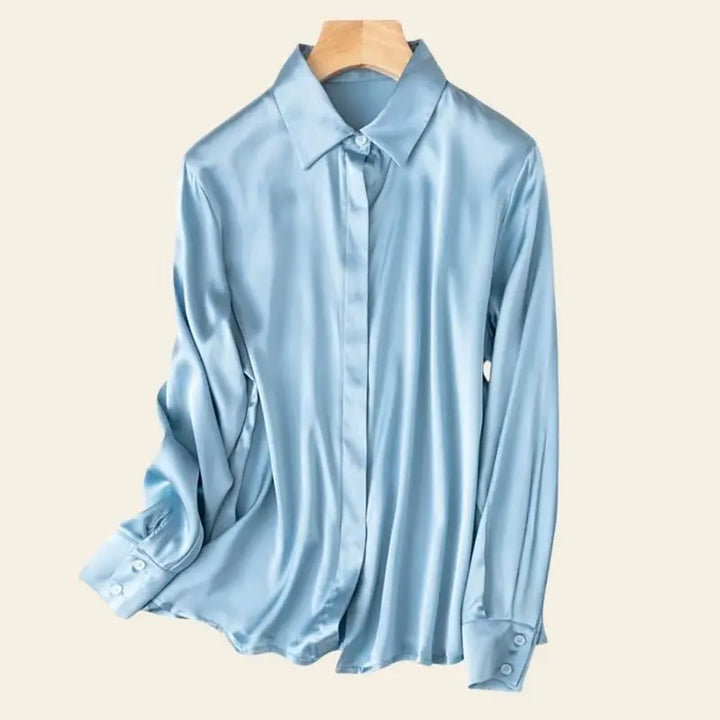 Chemise brillante stretch en soie véritable couleur bleu ciel