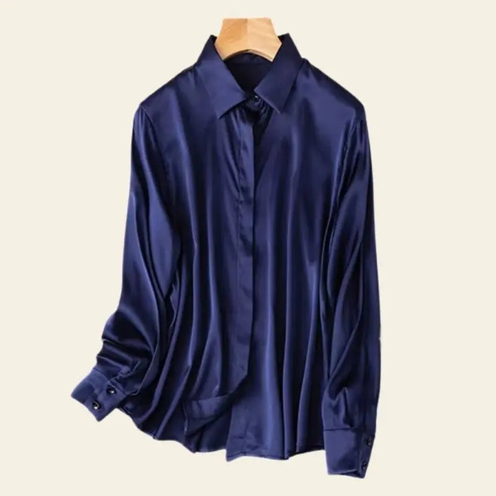 Chemise brillante stretch en soie véritable couleur bleu marine