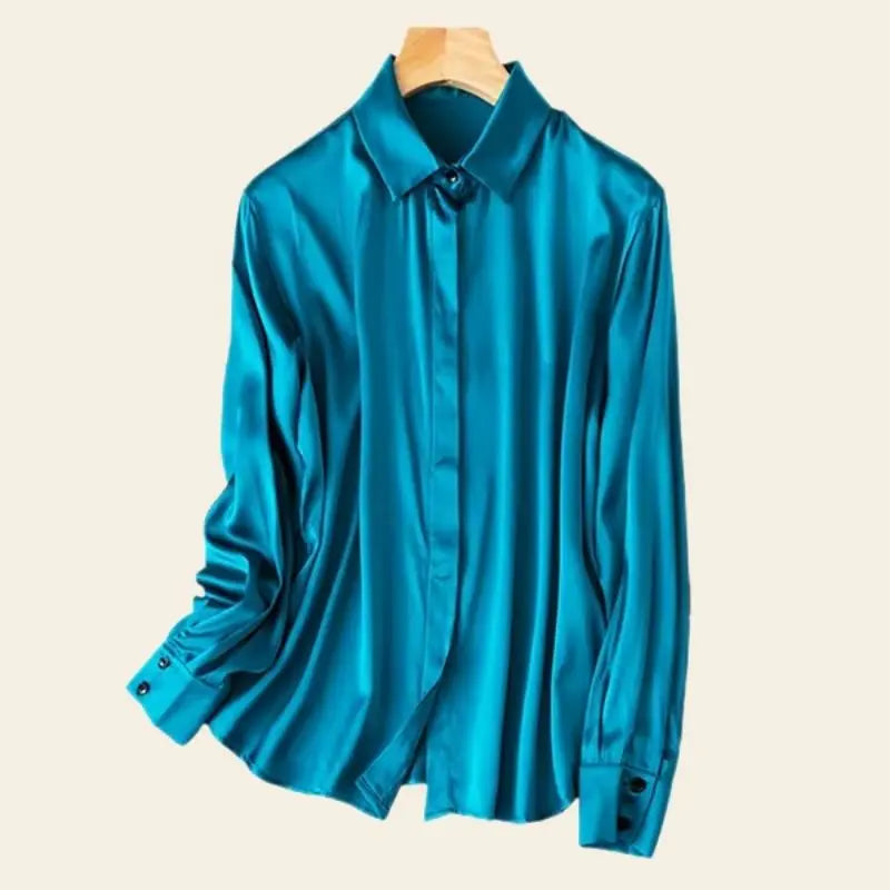 Chemise brillante stretch en soie véritable couleur bleu turquoise