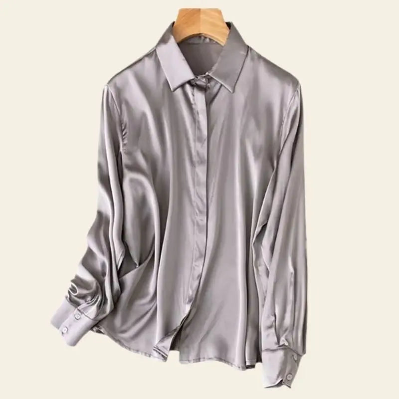 Chemise brillante stretch en soie véritable couleur grise