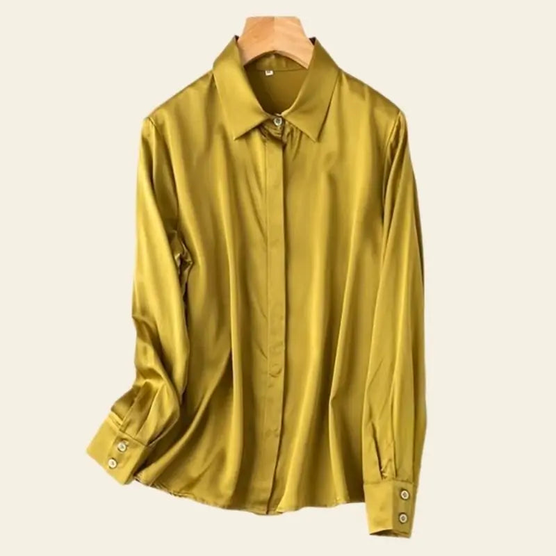 Chemise brillante stretch en soie véritable couleur jaune moutarde