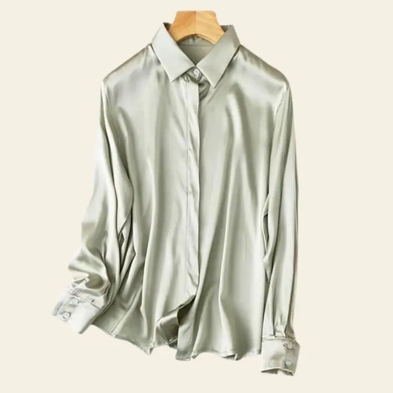 Chemise brillante stretch en soie véritable couleur vert pastel