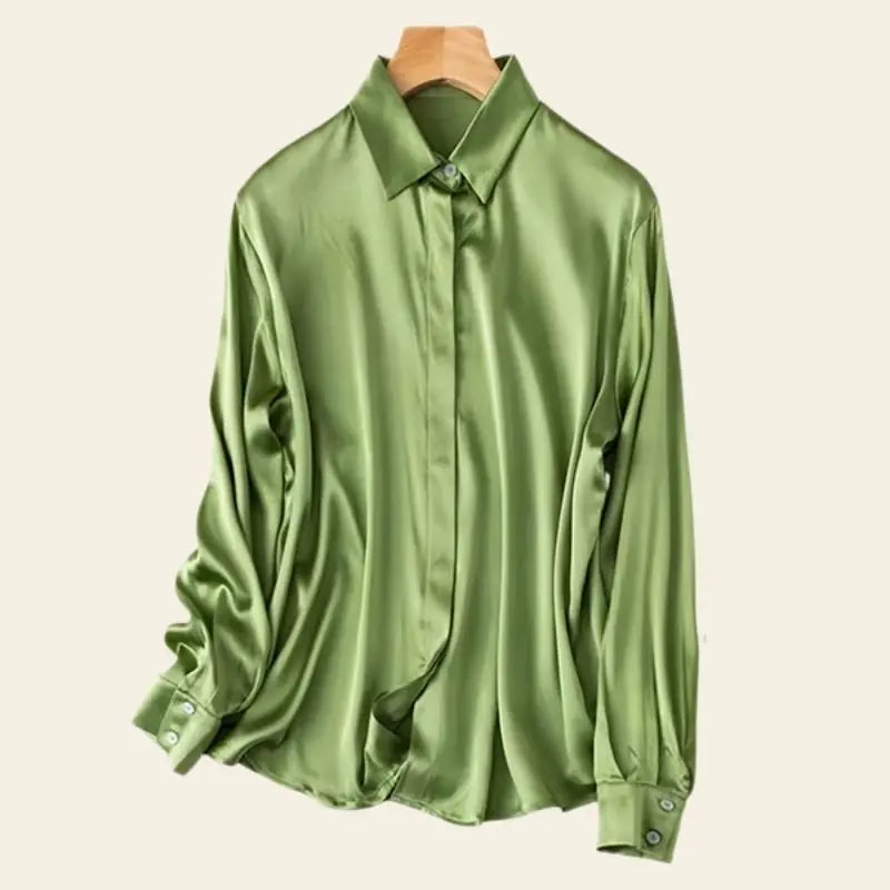 Chemise brillante stretch en soie véritable couleur verte