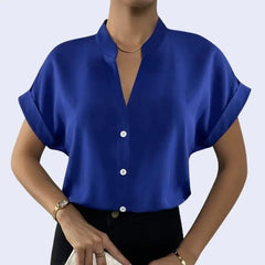 Chemise manches courtes et ourlet col mao en satin bleu
