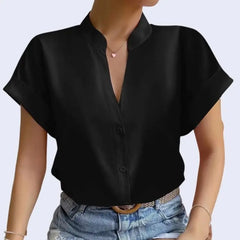 Chemise manches courtes et ourlet col mao en satin noir
