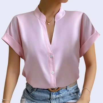 Chemise manches courtes et ourlet col mao en satin rose