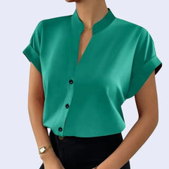 Chemise manches courtes et ourlet col mao en satin vert