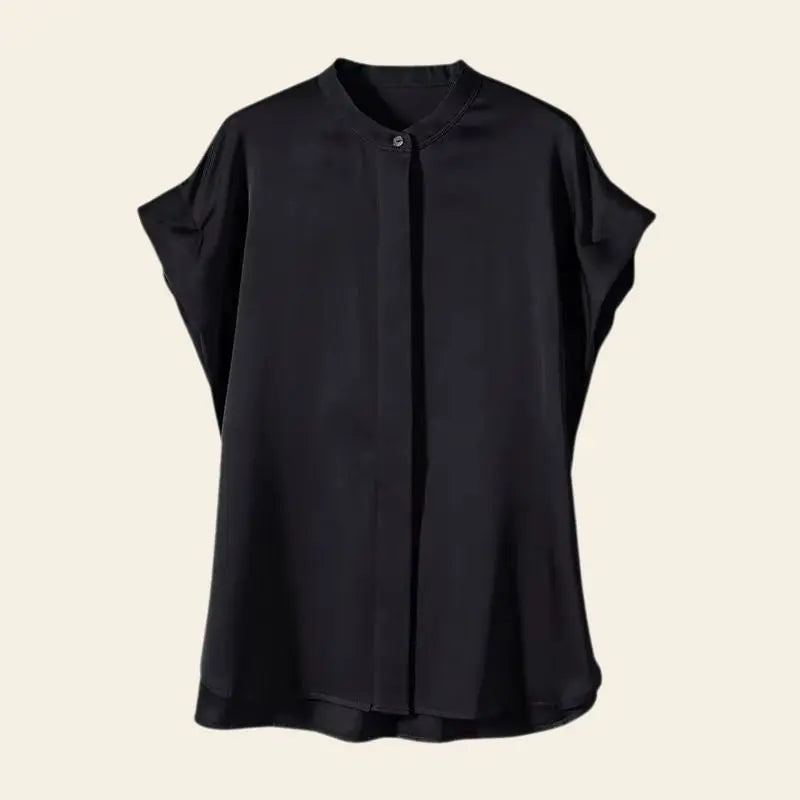 Chemise courte col officier en soie de mûrier noire