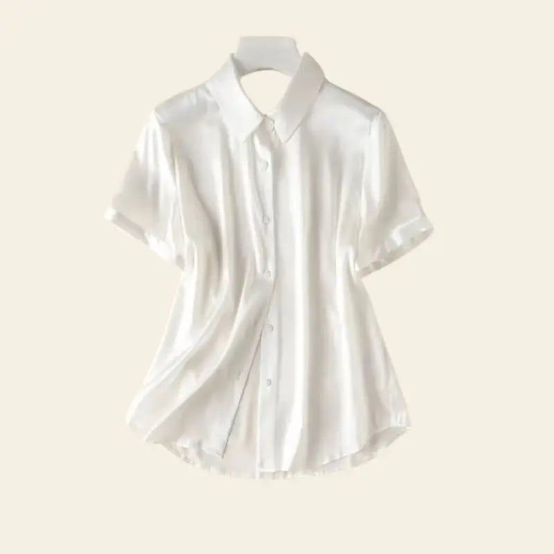 Chemise manches courtes fluide satinée en soie blanche