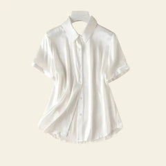 Chemise manches courtes fluide satinée en soie blanche