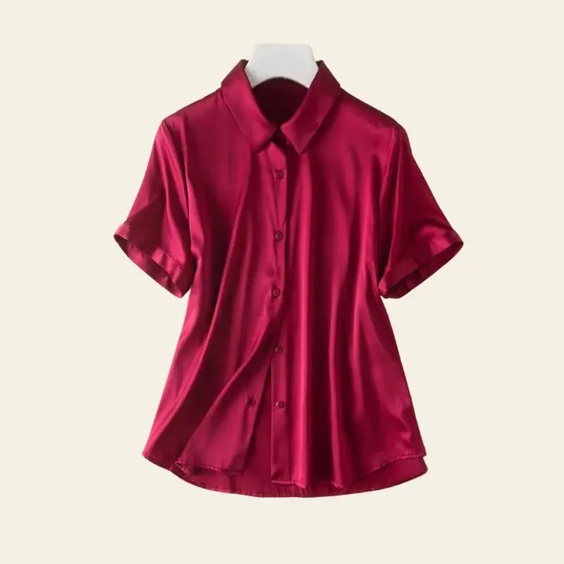 Chemise manches courtes fluide satinée en soie rouge