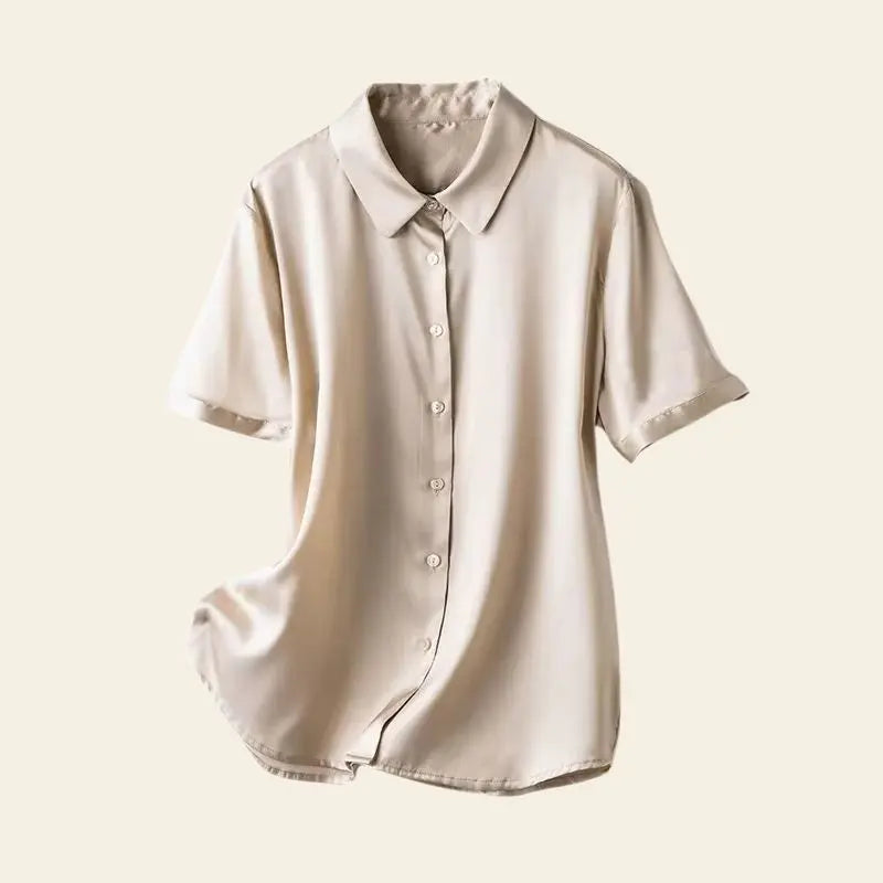 Chemise manches courtes fluide satinée en soie champagne