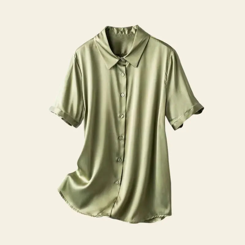 Chemise manches courtes fluide satinée en soie vert pastel