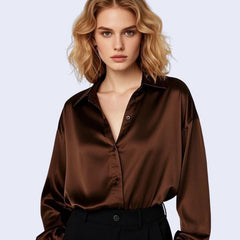 Chemise décontractée chocolat à col souple brillante en satin