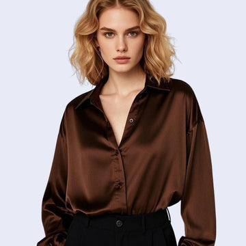 Chemise décontractée chocolat à col souple brillante en satin