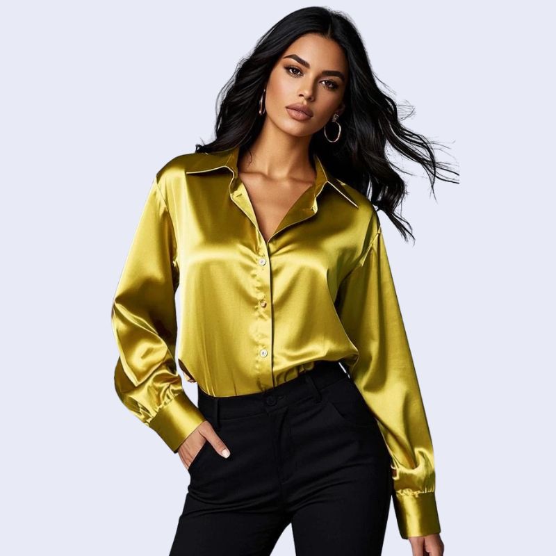 Chemise décontractée dorée à col souple brillante en satin
