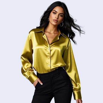 Chemise décontractée dorée à col souple brillante en satin