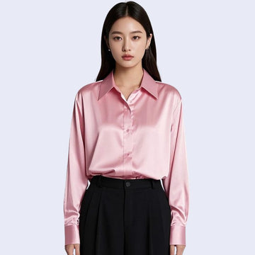 Chemise décontractée rose à col souple brillante en satin